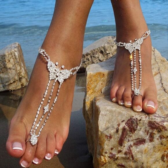 Silver and Diamond Austrian Crystal Butterfly Anklet Foot Chains - Set of 2 - Picture 1 of 6